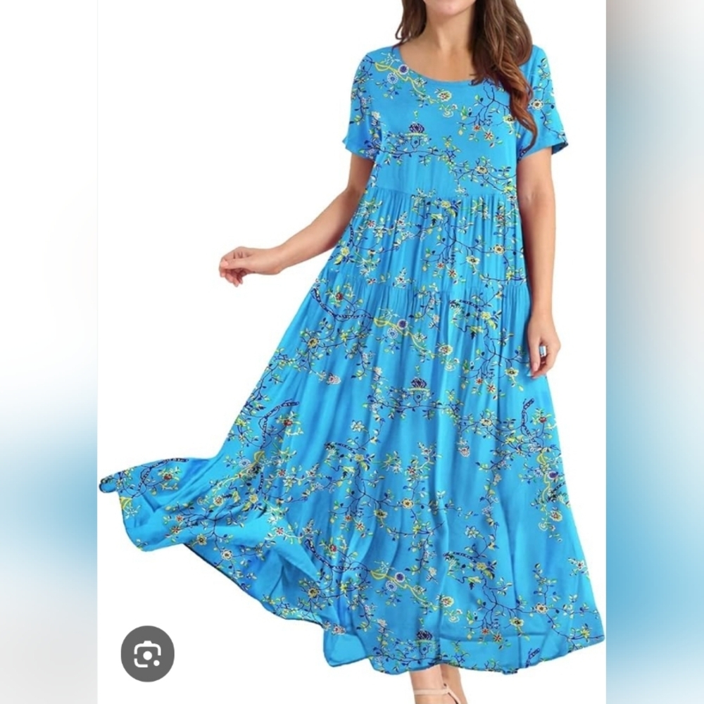 Summer Dress Casual Loose Maxi Bohemian Floral Dress Short Sleeve